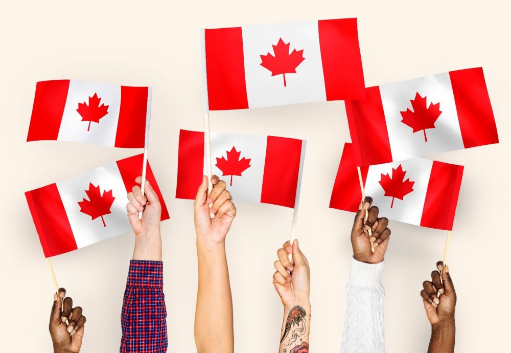 mani che sventolano piccole bandiere canadesi