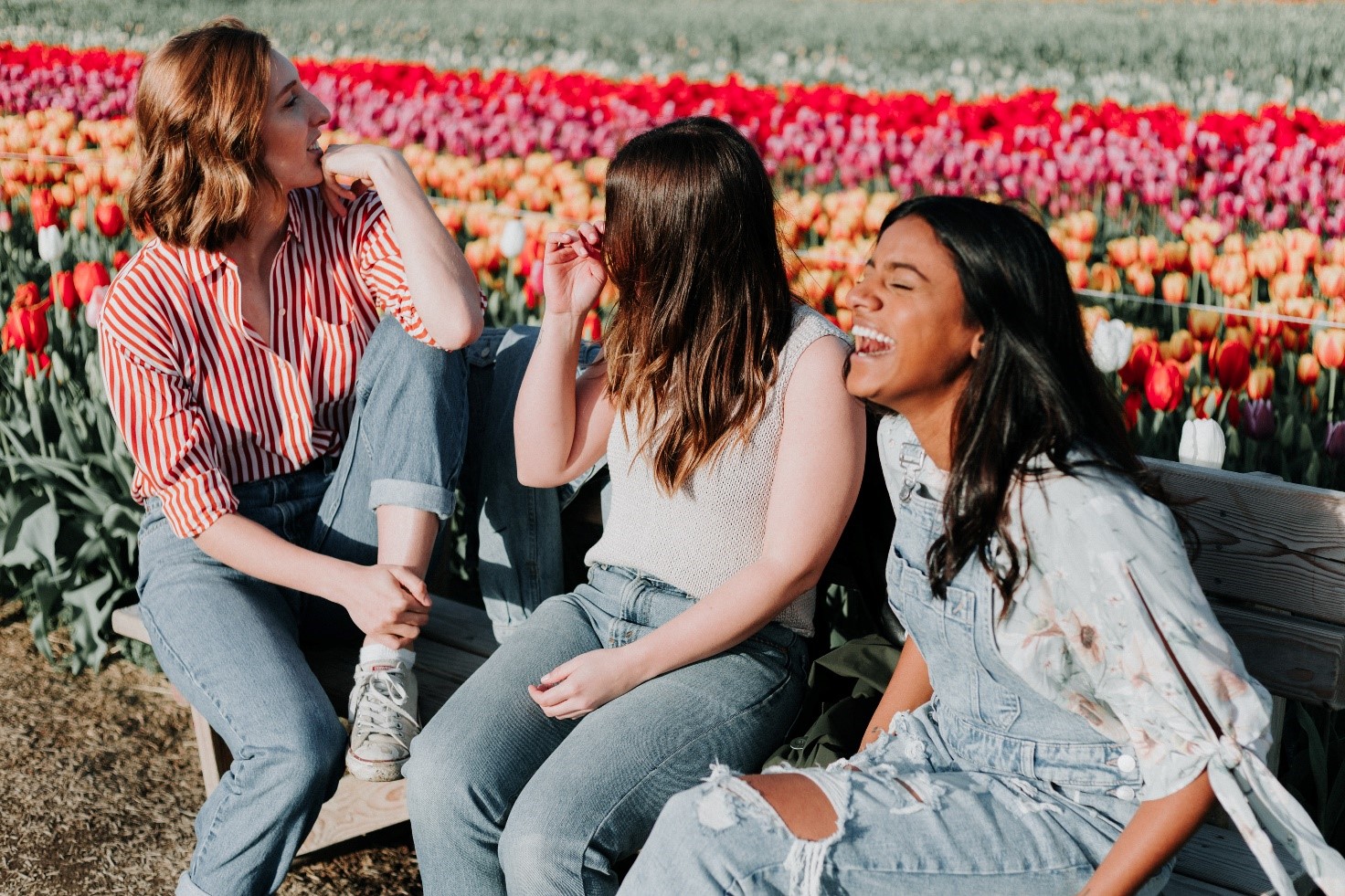 tre amiche sedute su una panchina in un campo di fiori sorridono e si divertono